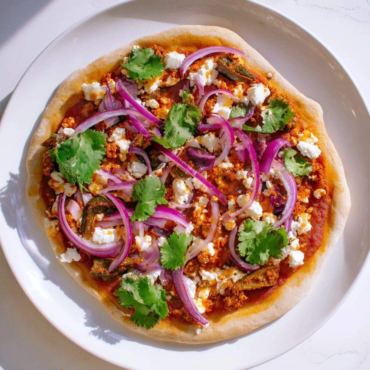 Golden crust pizza topped with roasted poblano peppers, melted mozzarella, and fresh cilantro garnish