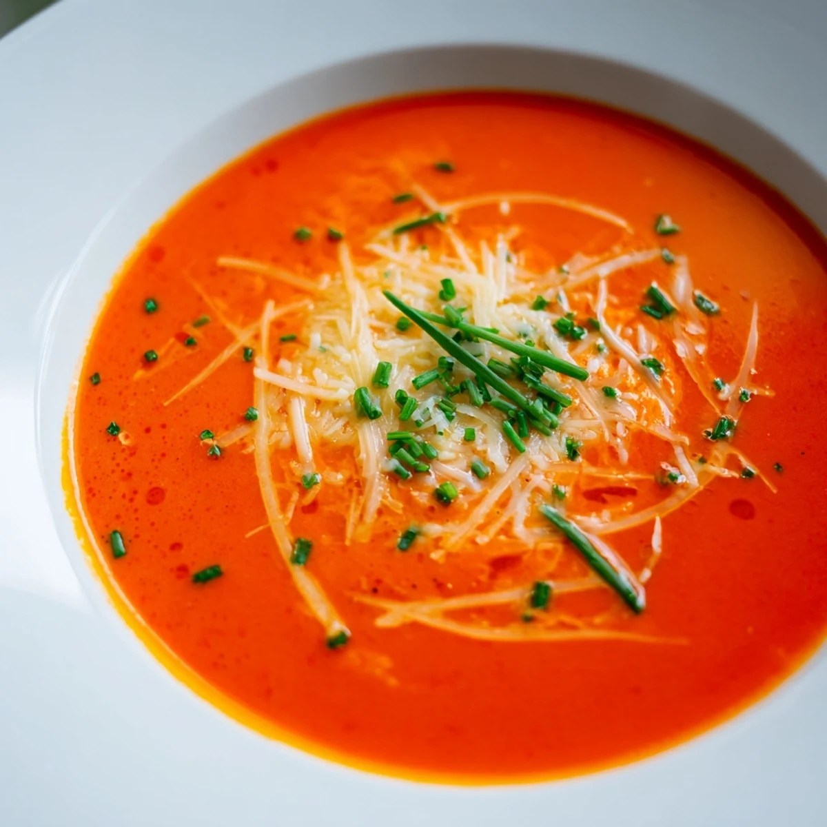 Creamy roasted red pepper Gouda soup garnished with fresh chives in a white bowl