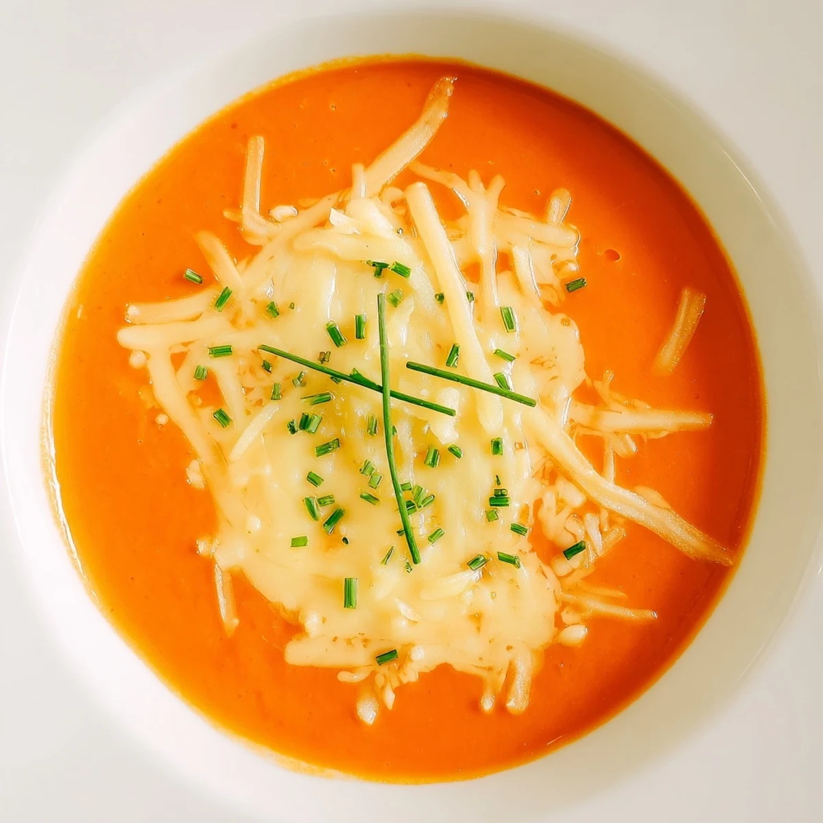 Velvety orange roasted red pepper and smoked Gouda soup sprinkled with shredded cheese