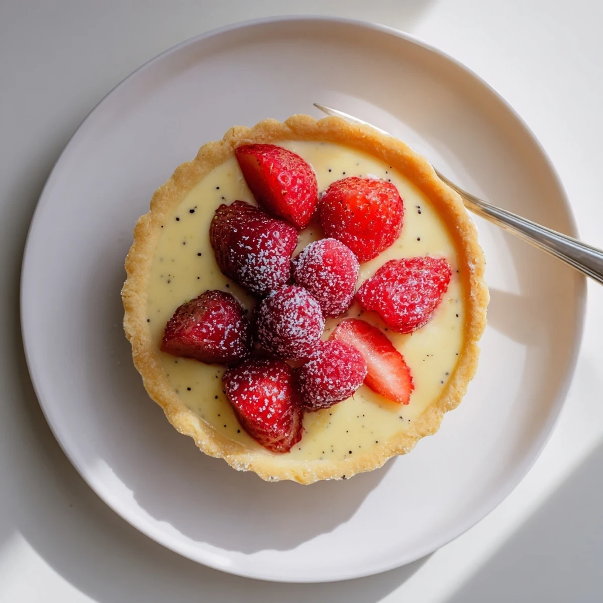 Golden vanilla bean pastry cream tart with buttery crust and fresh berry topping