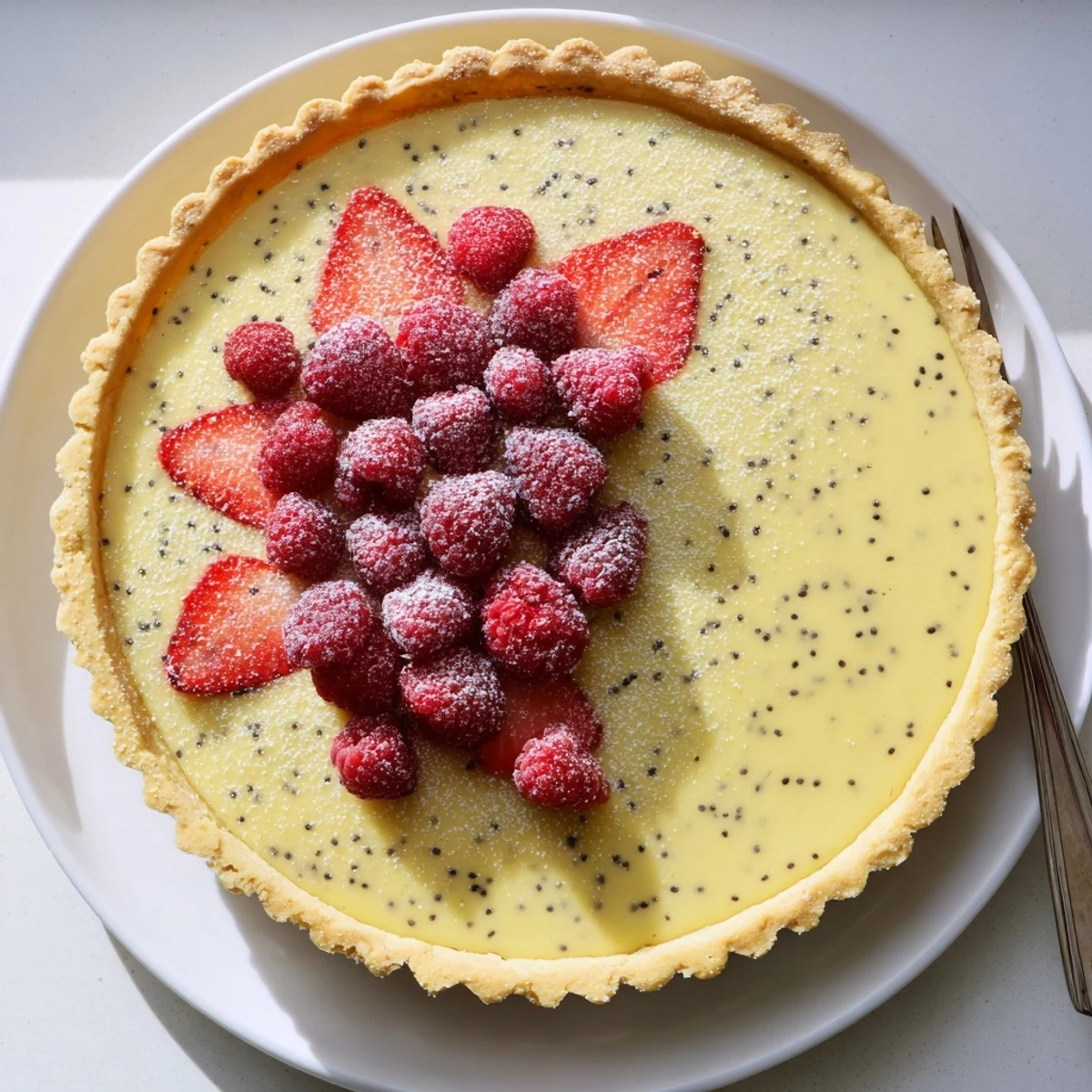 French vanilla bean pastry cream tart with glossy finish and crisp golden shell