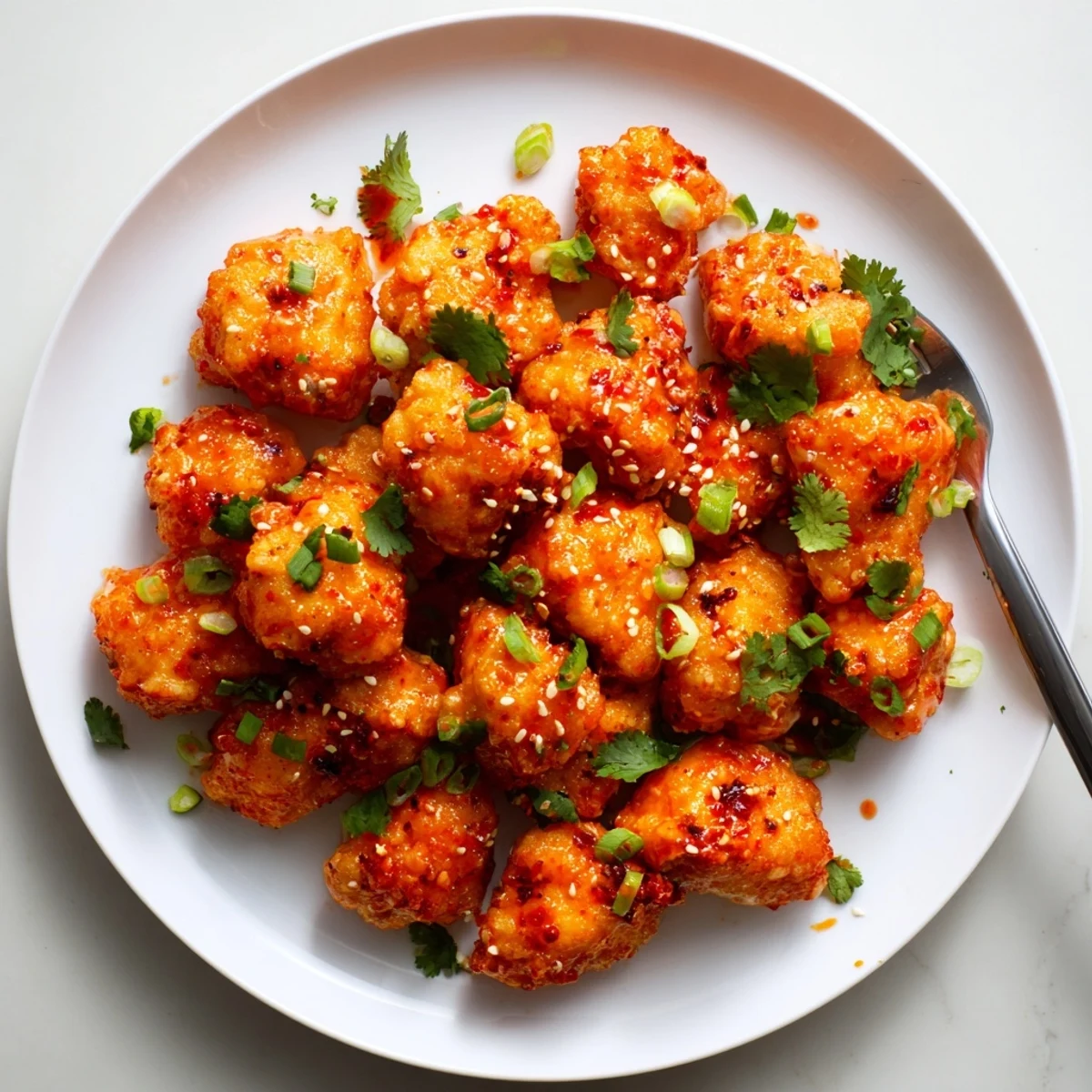 Golden crispy Spicy Bang Bang Chicken tossed in creamy red sauce garnished with scallions