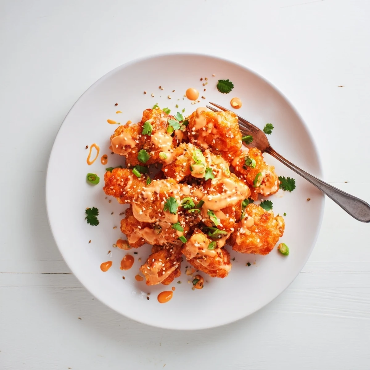 Crispy fried chicken drizzled with Bang Bang sauce served with fresh cilantro and scallions