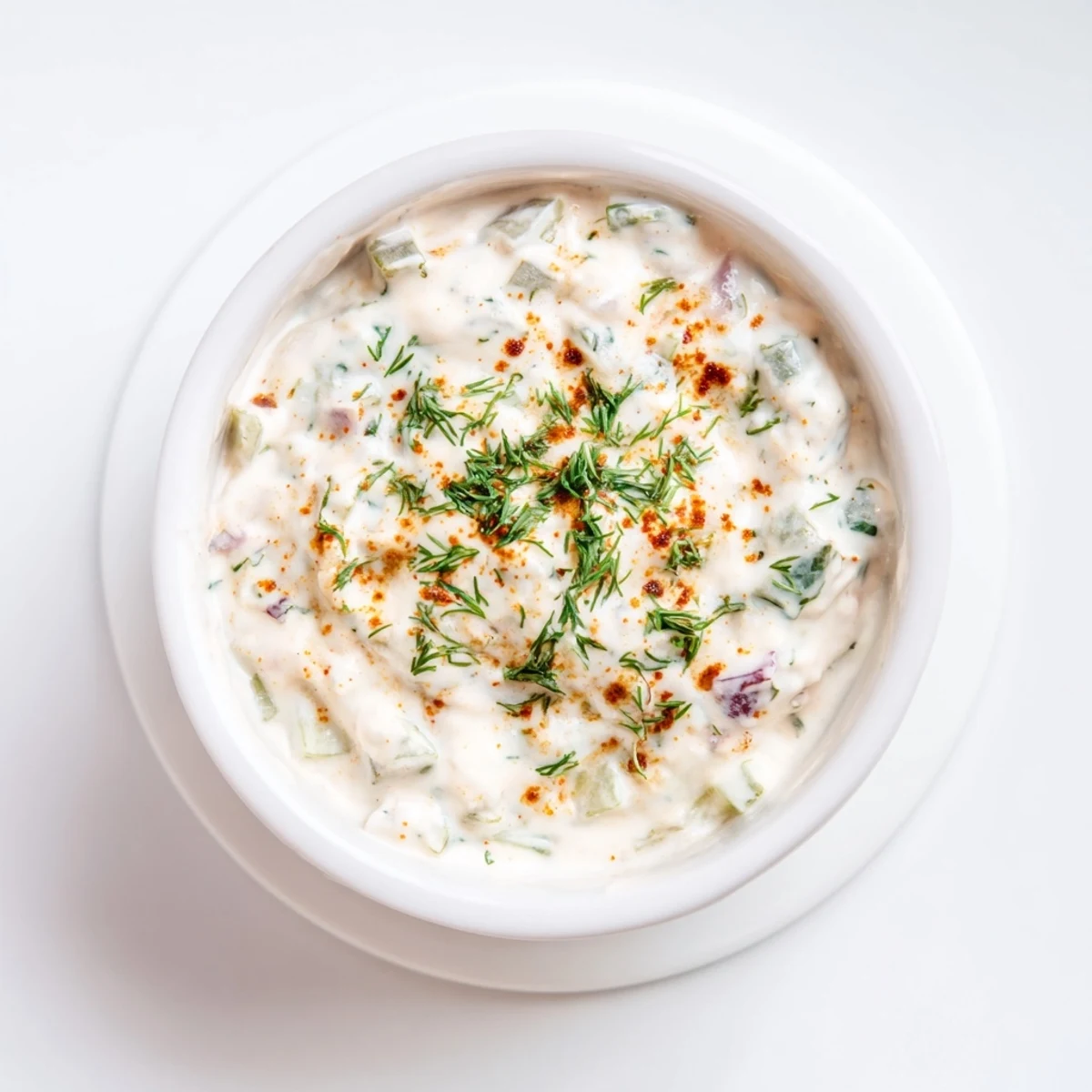 Creamy spicy dill pickle burger sauce with visible pickle chunks and fresh dill garnish