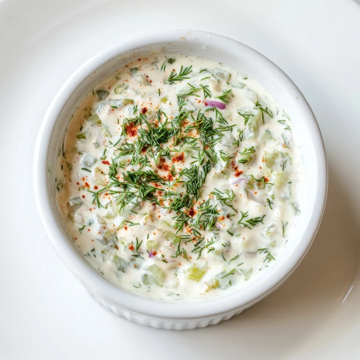 Rich homemade spicy dill pickle burger sauce dolloped on a white serving spoon