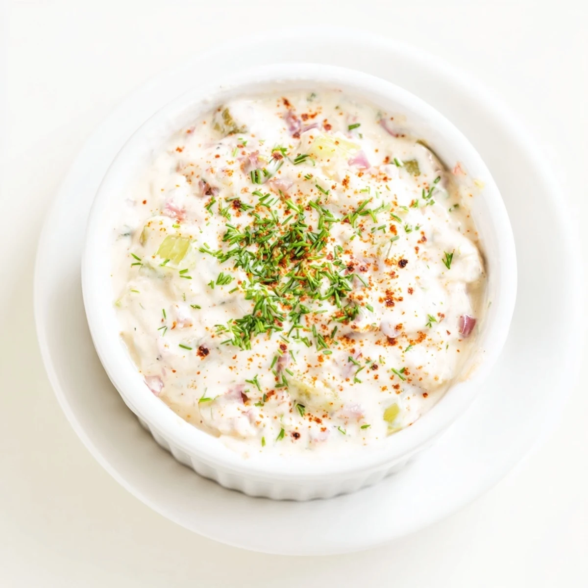 Golden spicy dill pickle burger sauce swirled in a small glass dipping bowl