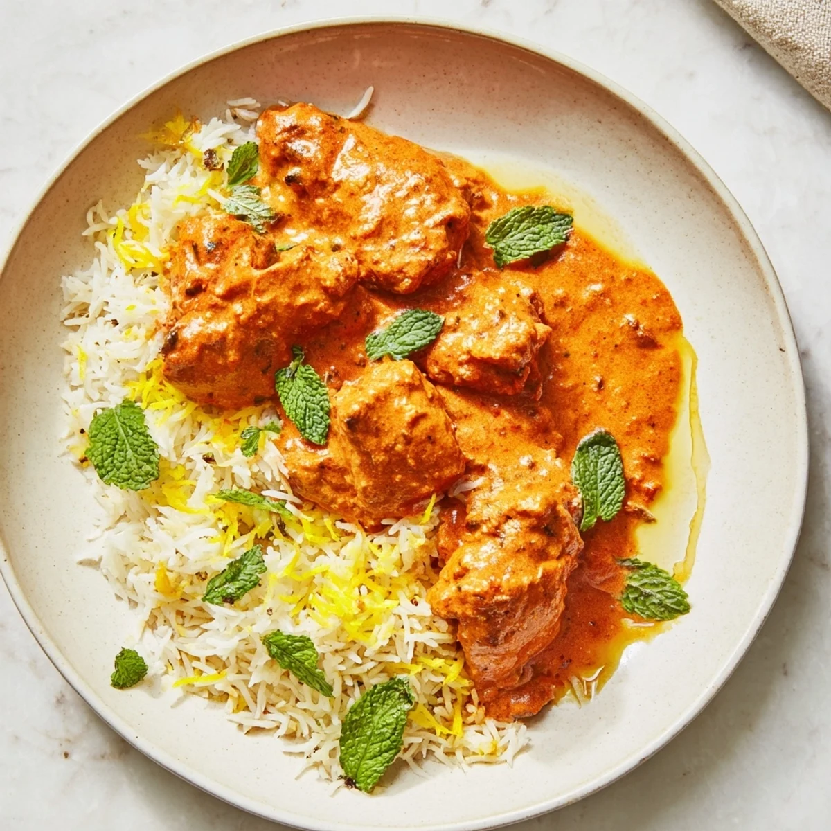 Golden butter chicken biryani layered with aromatic basmati rice, saffron, and fresh cilantro in a serving bowl