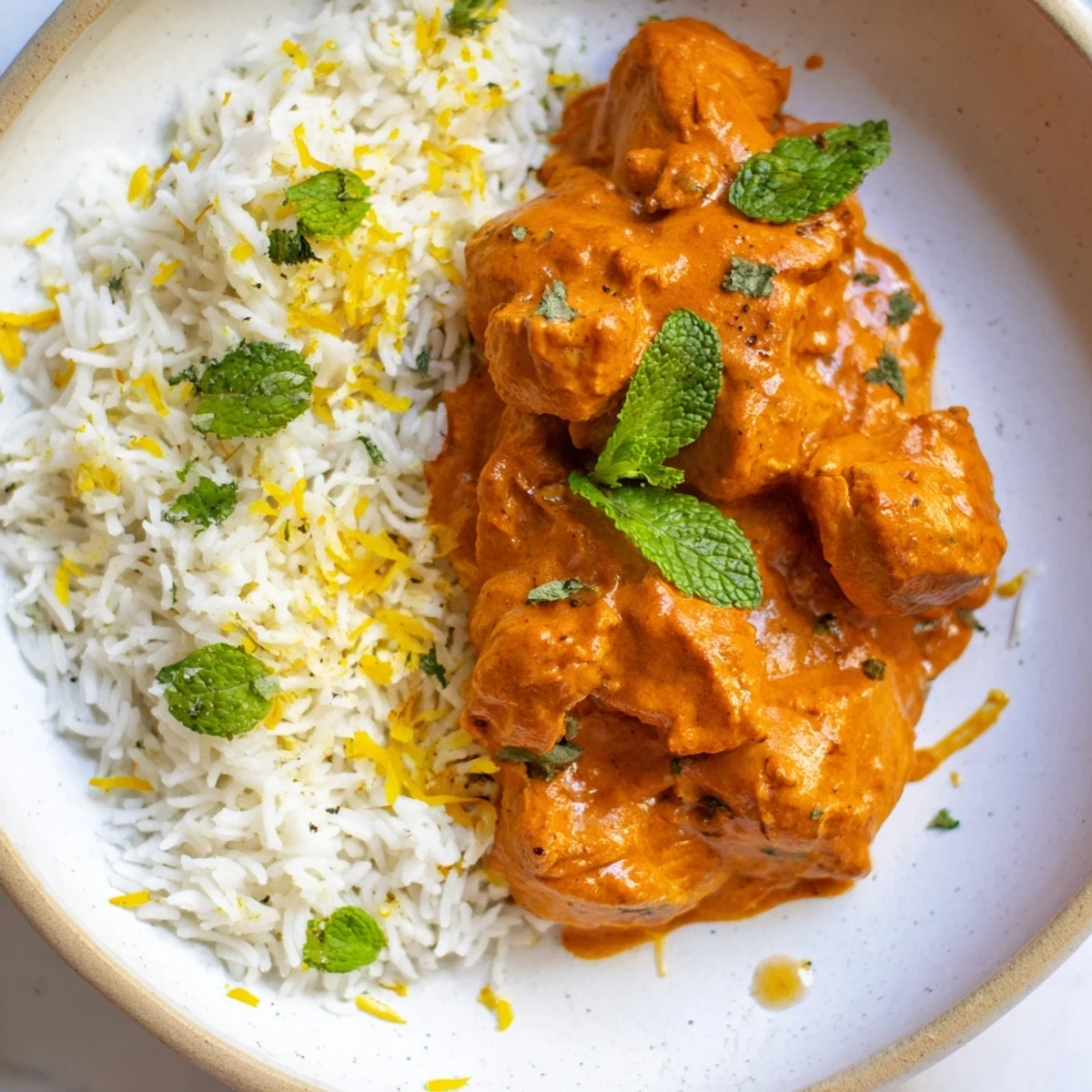 Steaming fragrant butter chicken biryani garnished with fried onions, mint leaves, and saffron-infused rice