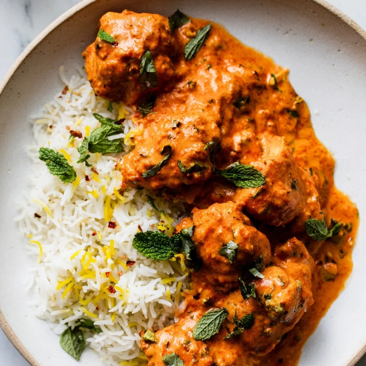 Close-up of tender butter chicken pieces mixed with spiced basmati rice and aromatic herbs in a Dutch oven