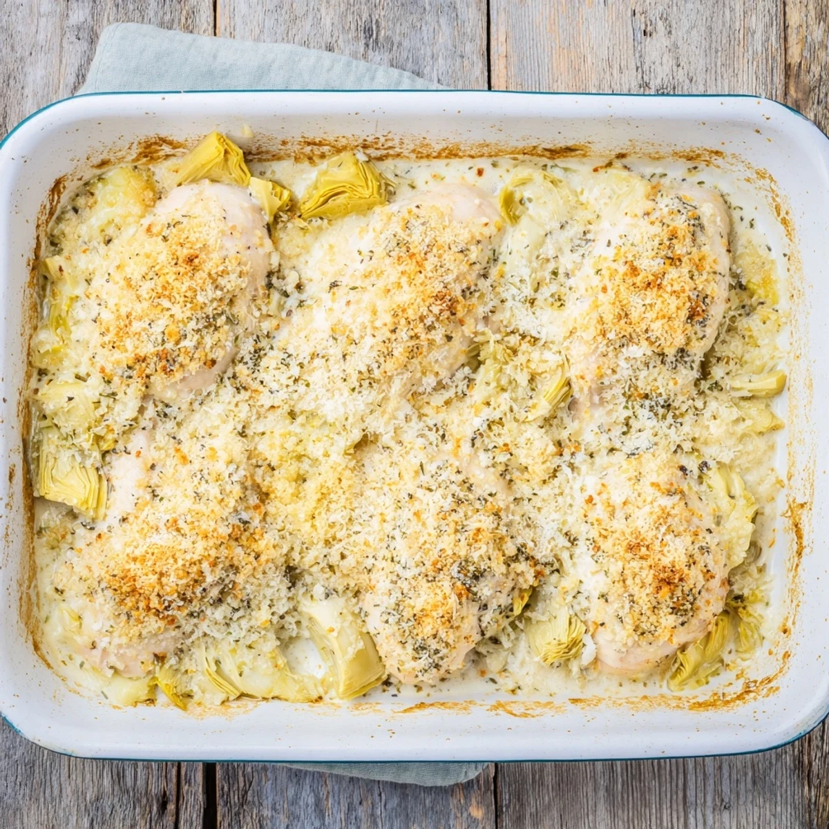 Golden bubbling artichoke chicken bake with cheesy crust fresh from the oven