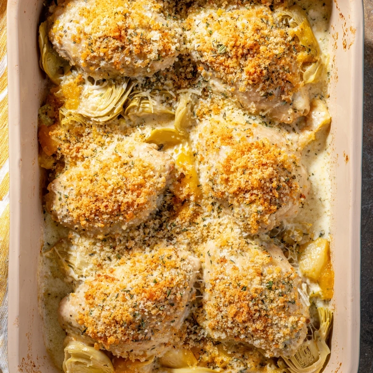 Comforting artichoke chicken bake casserole with crispy breadcrumb garnish on white plate