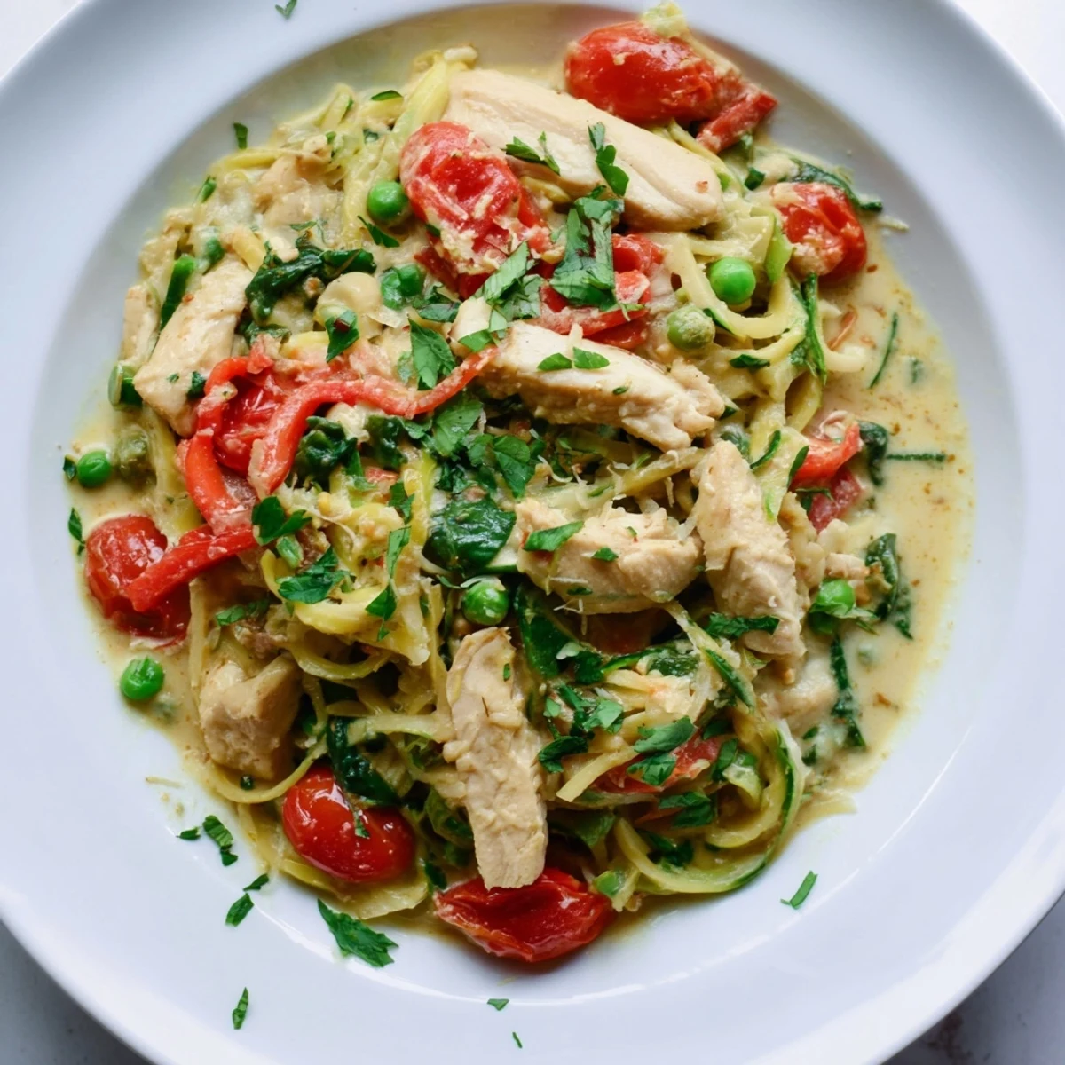 Creamy zucchini noodle chicken alfredo bowl topped with colorful vegetables and fresh parsley