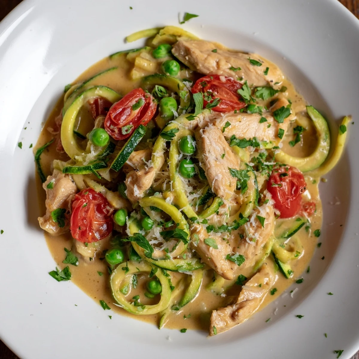 Juicy chicken strips served over spiralized zucchini noodles in rich parmesan alfredo sauce