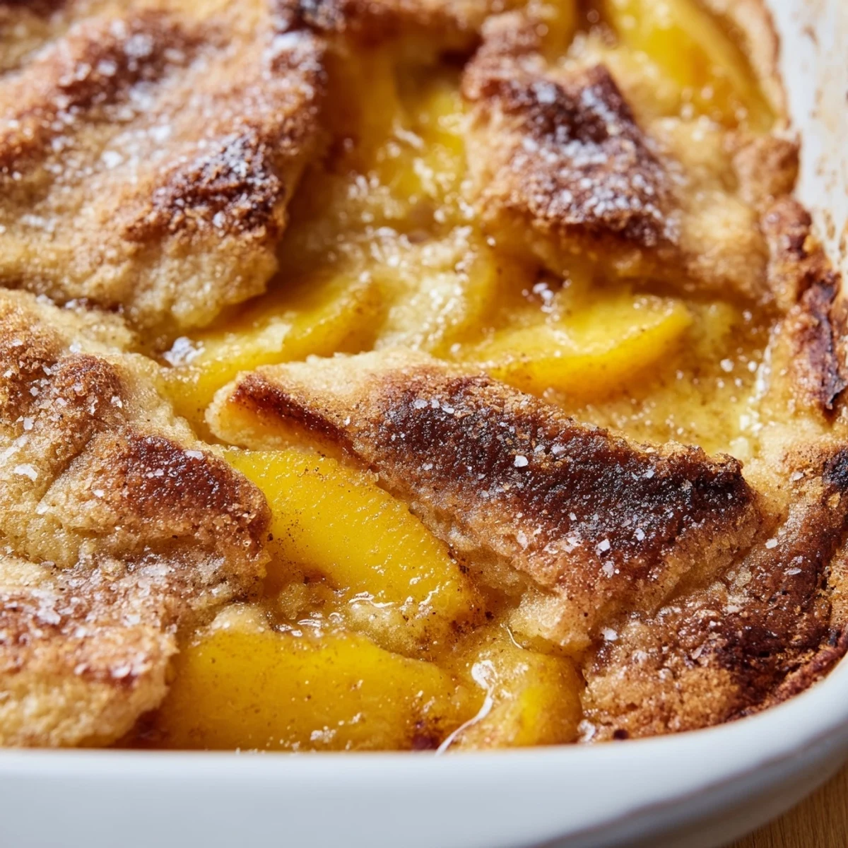 Golden classic peach cobbler with flaky crust bubbling with sweet spiced fruit filling