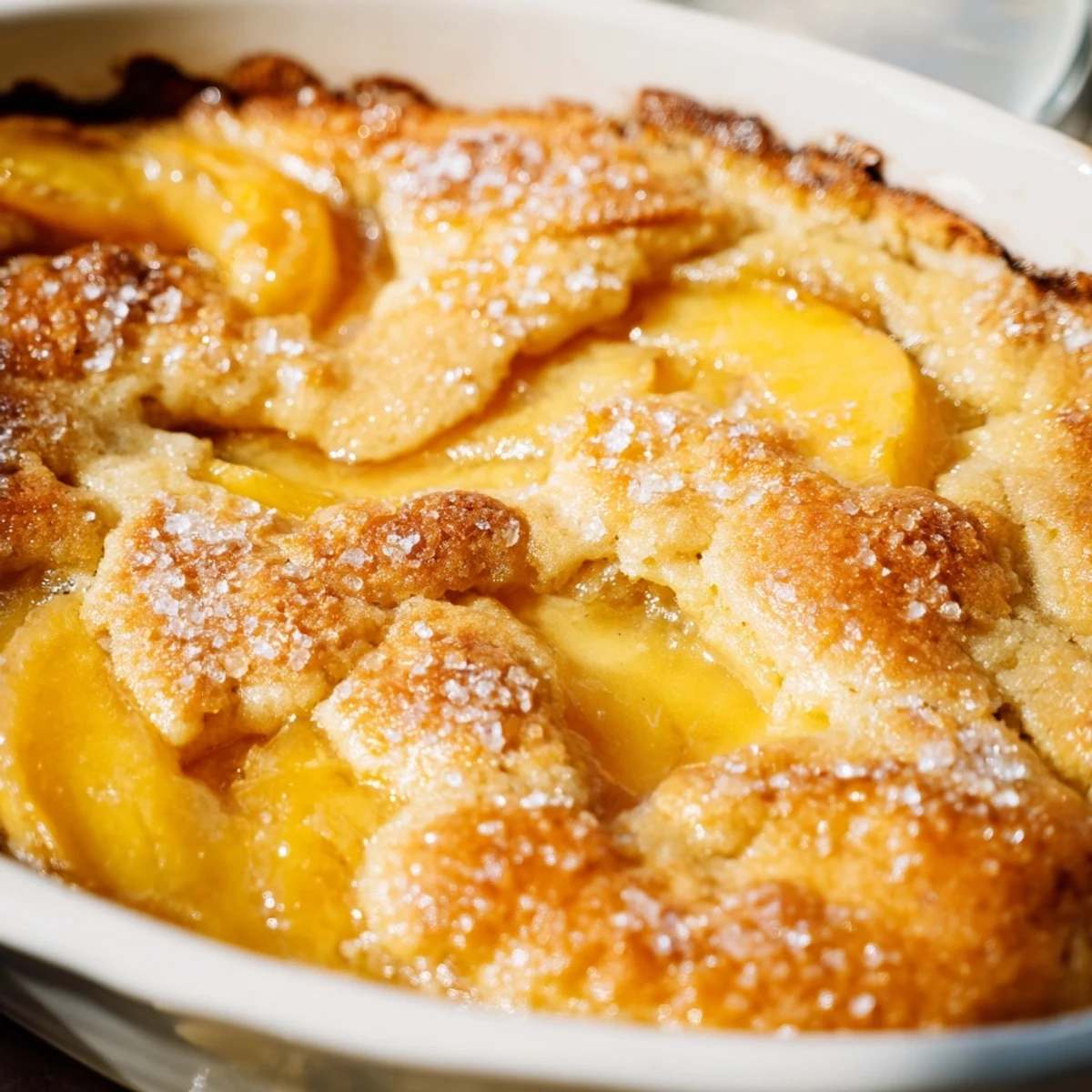Southern classic peach cobbler featuring tender sliced peaches beneath a flaky baked topping