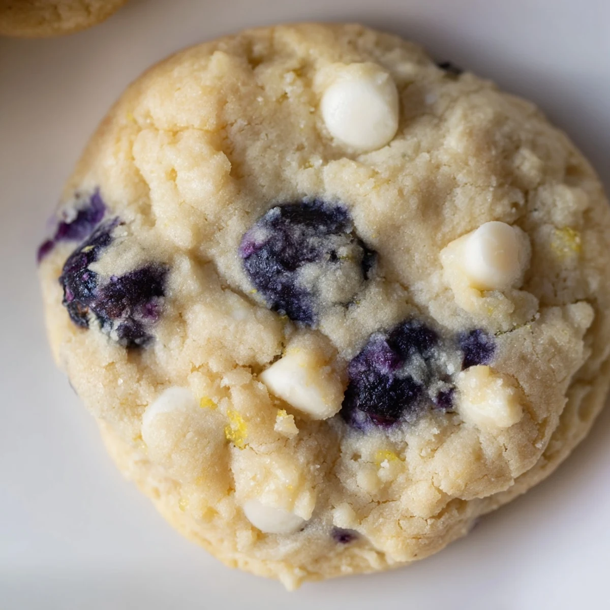 Freshly baked chewy lemon blueberry cookies with golden edges and berry streaks