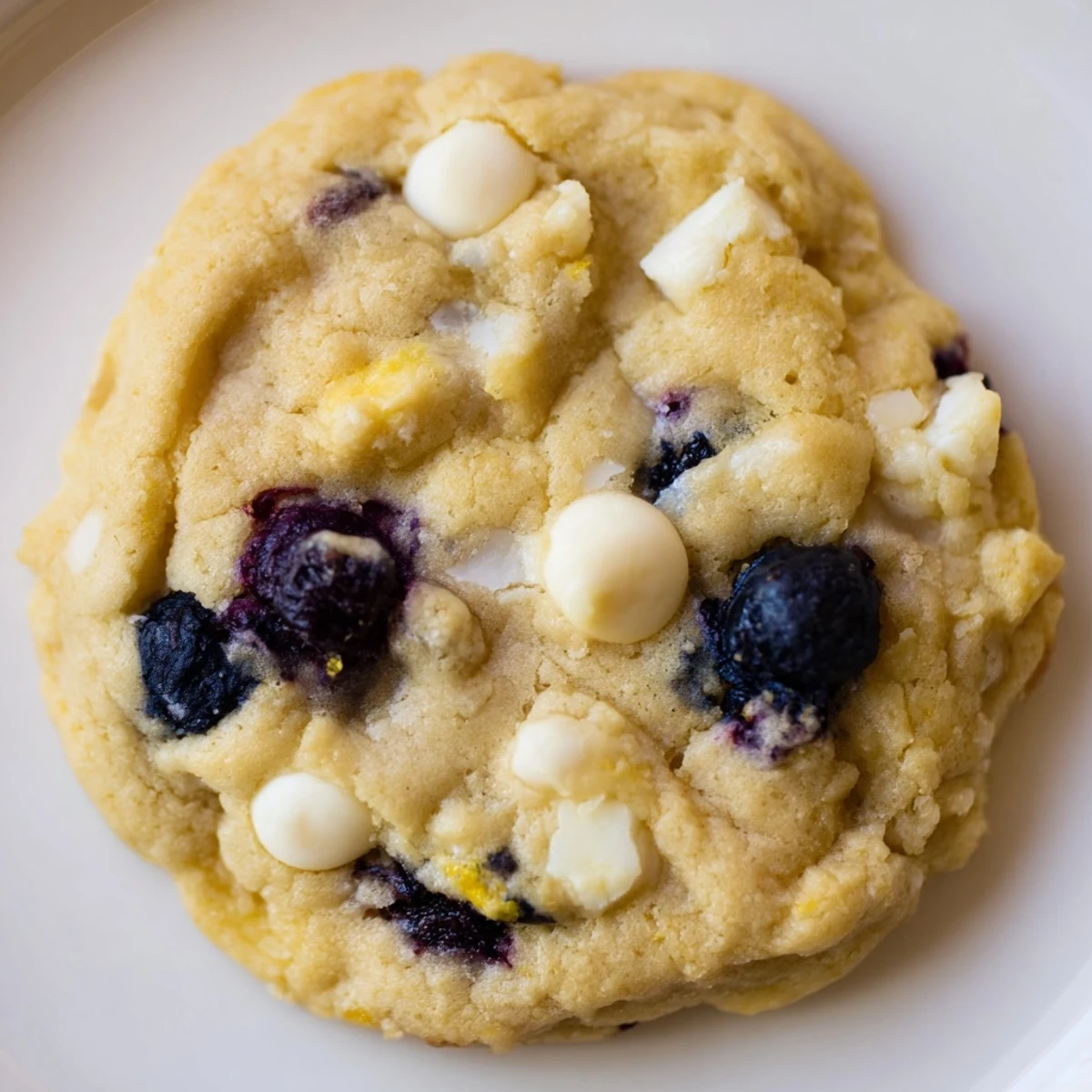 Soft baked lemon blueberry cookies stacked on a white plate with fresh blueberries