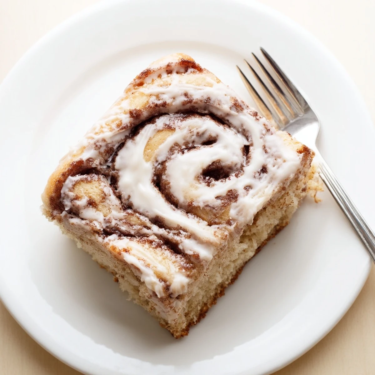 Warm cinnamon roll cake slice showcasing spiral sugar pockets topped with creamy glaze and powdered sugar dusting
