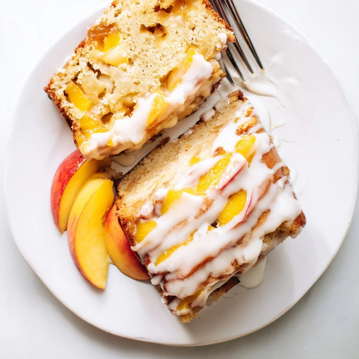 Rich dessert cake with layered peaches and dripping vanilla icing on plate