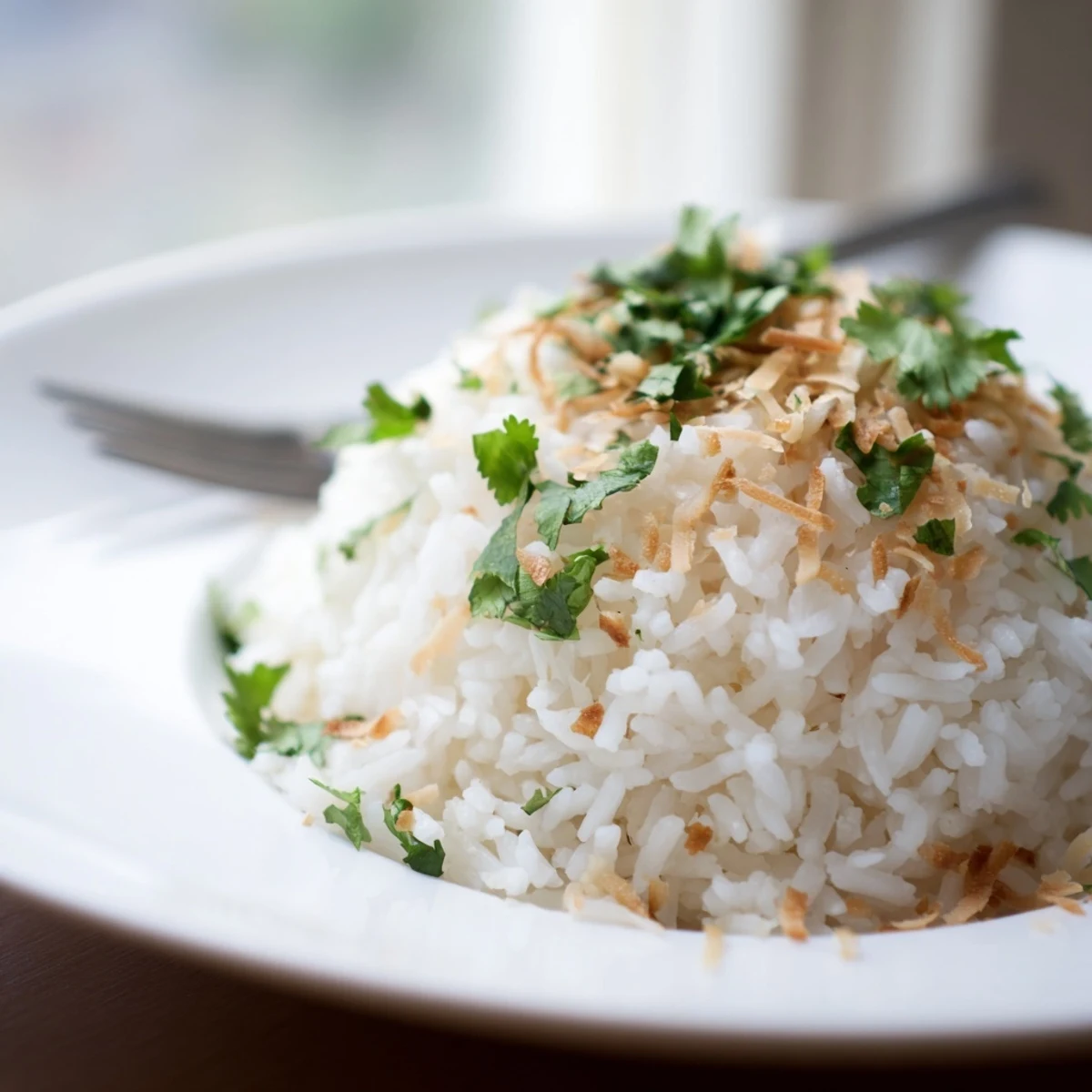 Creamy fluffy coconut rice steaming in a serving dish with green cilantro sprinkled on top