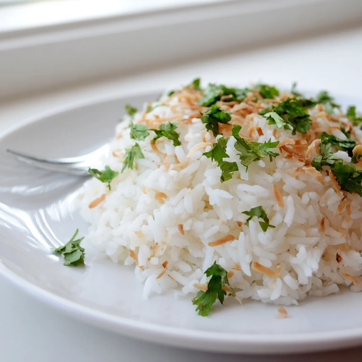 White bowl of fluffy coconut rice garnished with toasted coconut flakes and fresh cilantro