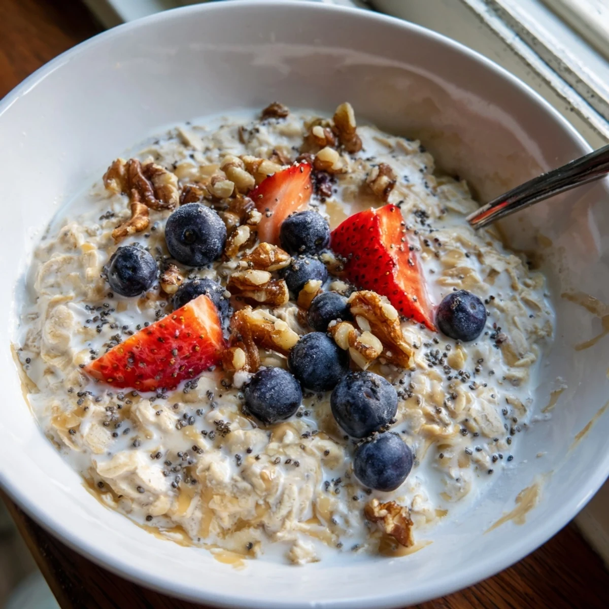 Creamy brown sugar overnight oats topped with fresh berries and chopped nuts in a glass jar