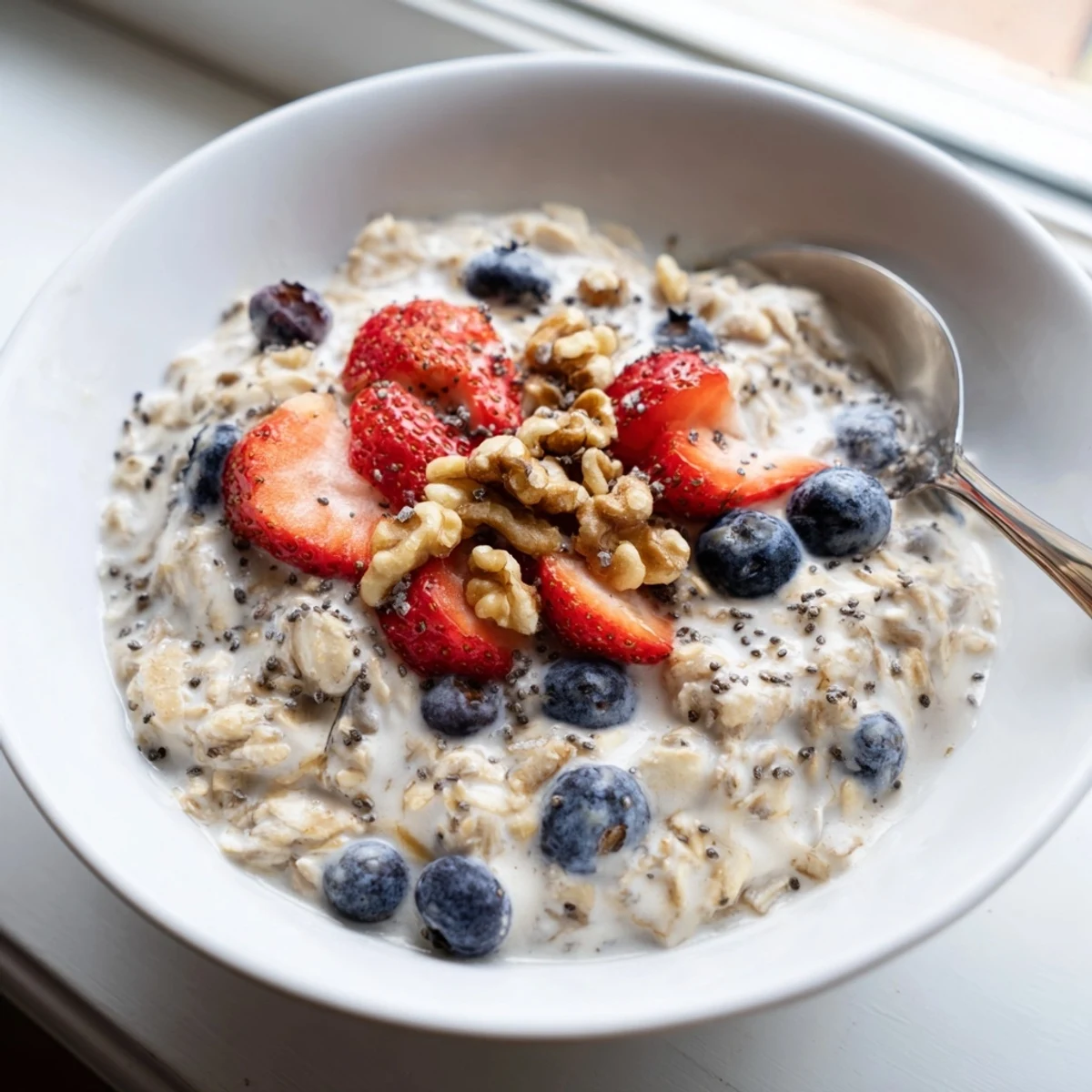 Golden brown sugar swirled through creamy overnight oats with vanilla and layered fruit toppings