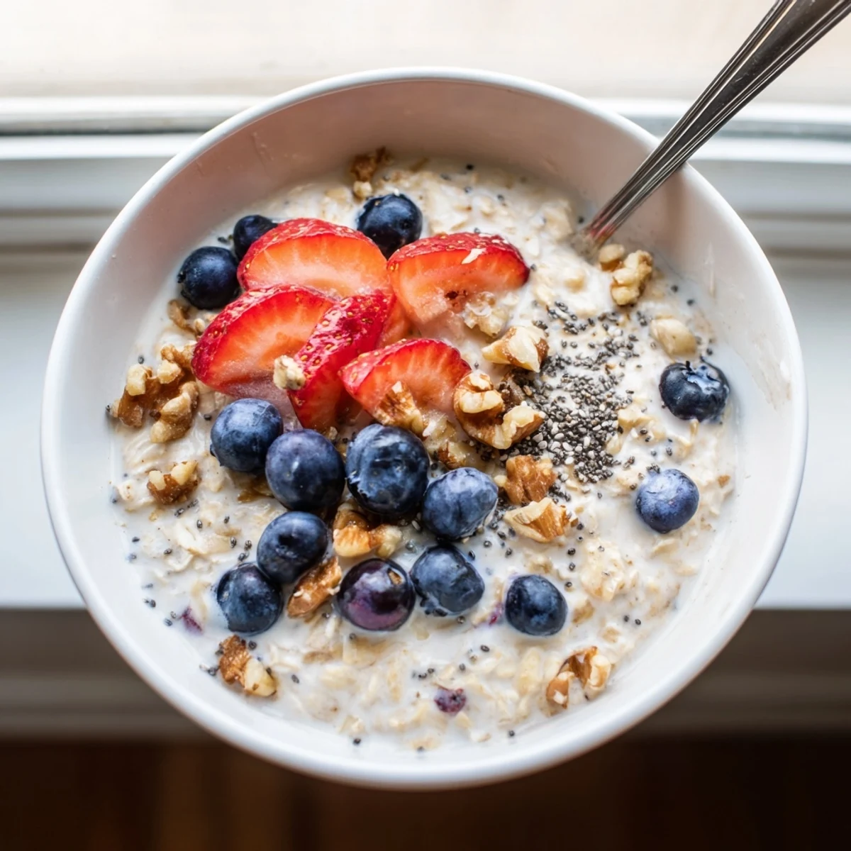 Wholesome brown sugar overnight oats breakfast bowl with Greek yogurt and colorful fresh fruit garnish