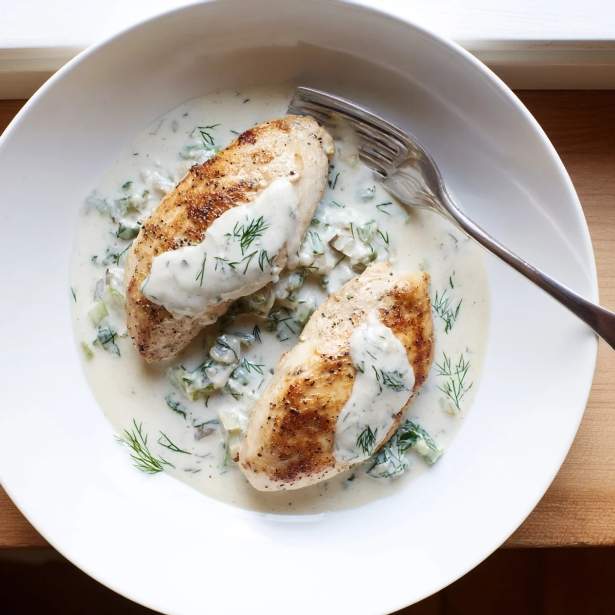 Golden brown chicken breasts swimming in a rich, creamy white dill sauce with fresh herb garnish