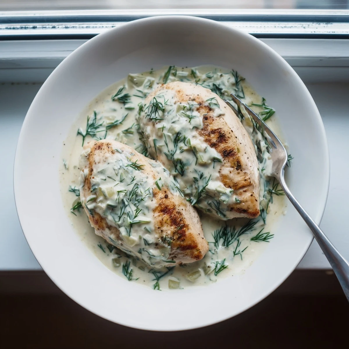 Tender golden chicken pieces coated in a luxurious pale cream sauce dotted with bright fresh dill
