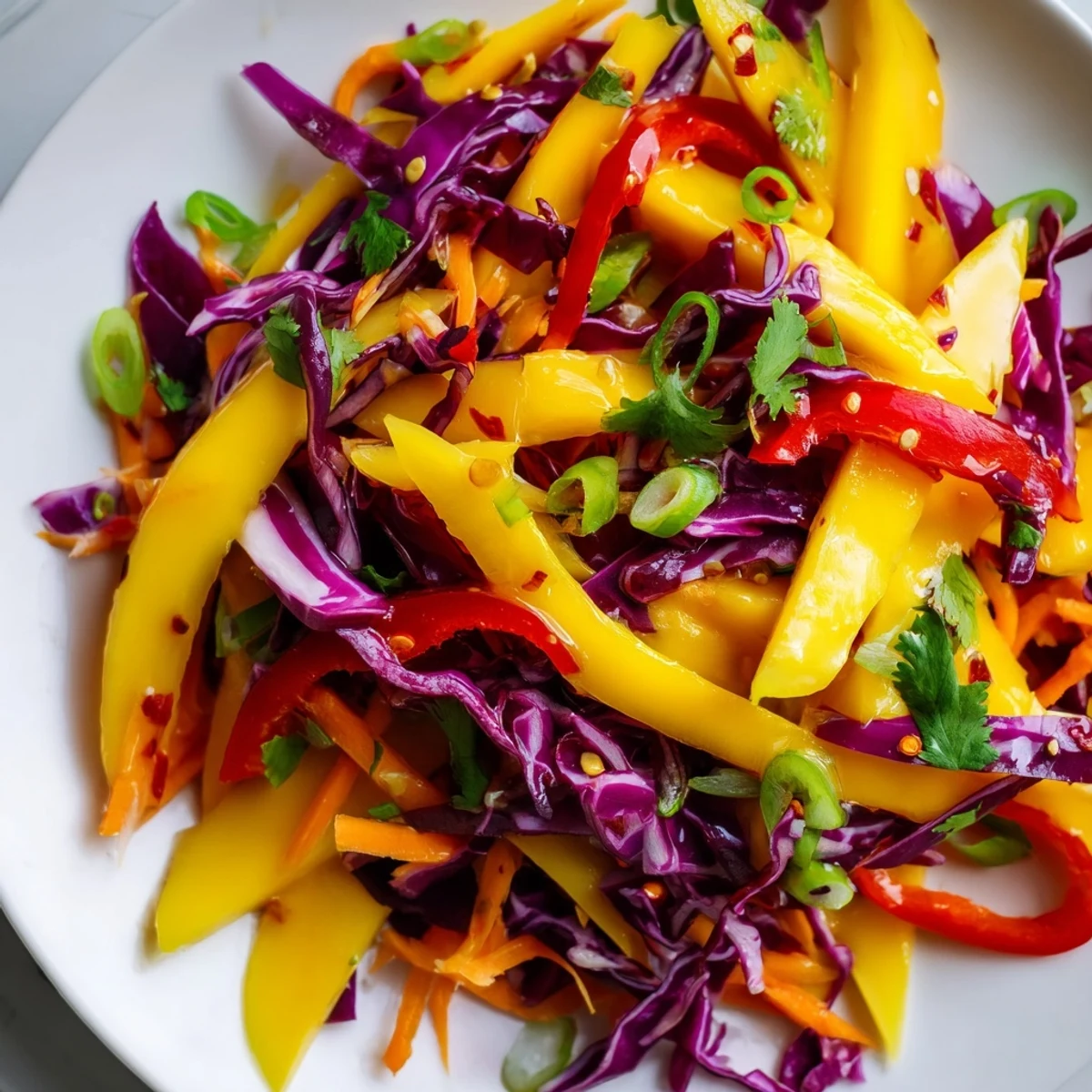 Fresh mango slaw served in white bowl featuring julienned vegetables, tangy lime dressing, and chopped peanut topping