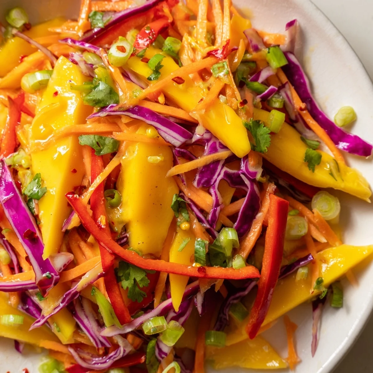Colorful mango slaw bowl with crunchy red cabbage, carrots, and lime dressing garnished with fresh cilantro and toasted cashews