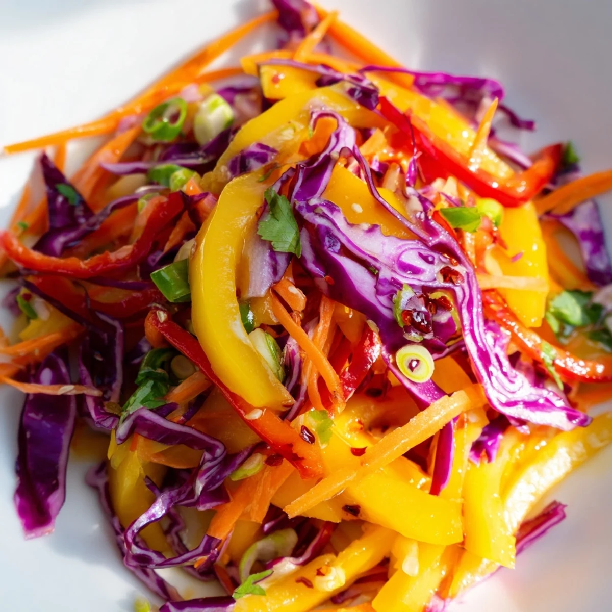 Vibrant tropical mango slaw with crisp cabbage slaw mix, red bell pepper strips, and drizzled honey lime vinaigrette