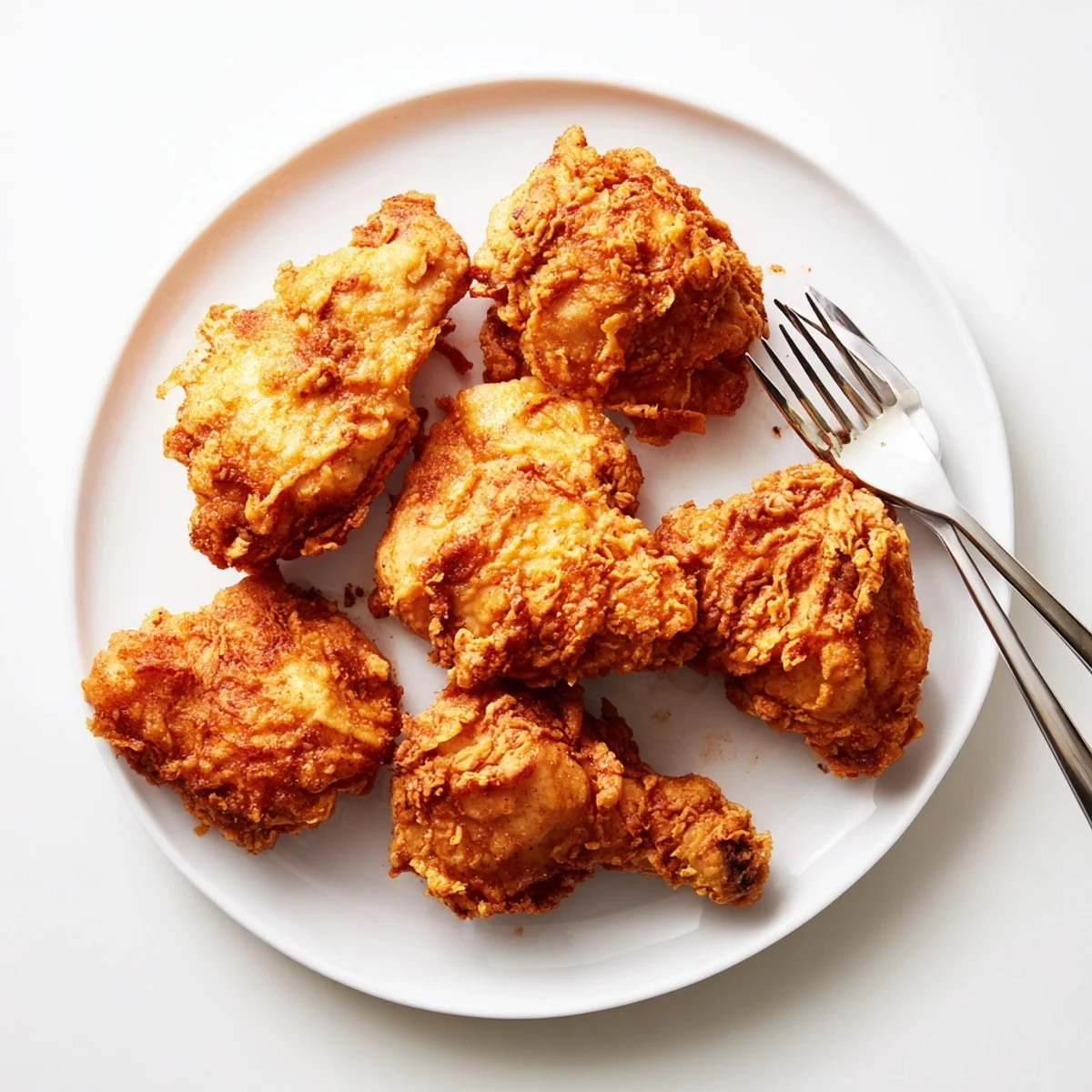 Golden brown crispy Southern fried chicken pieces arranged on a wire rack after frying