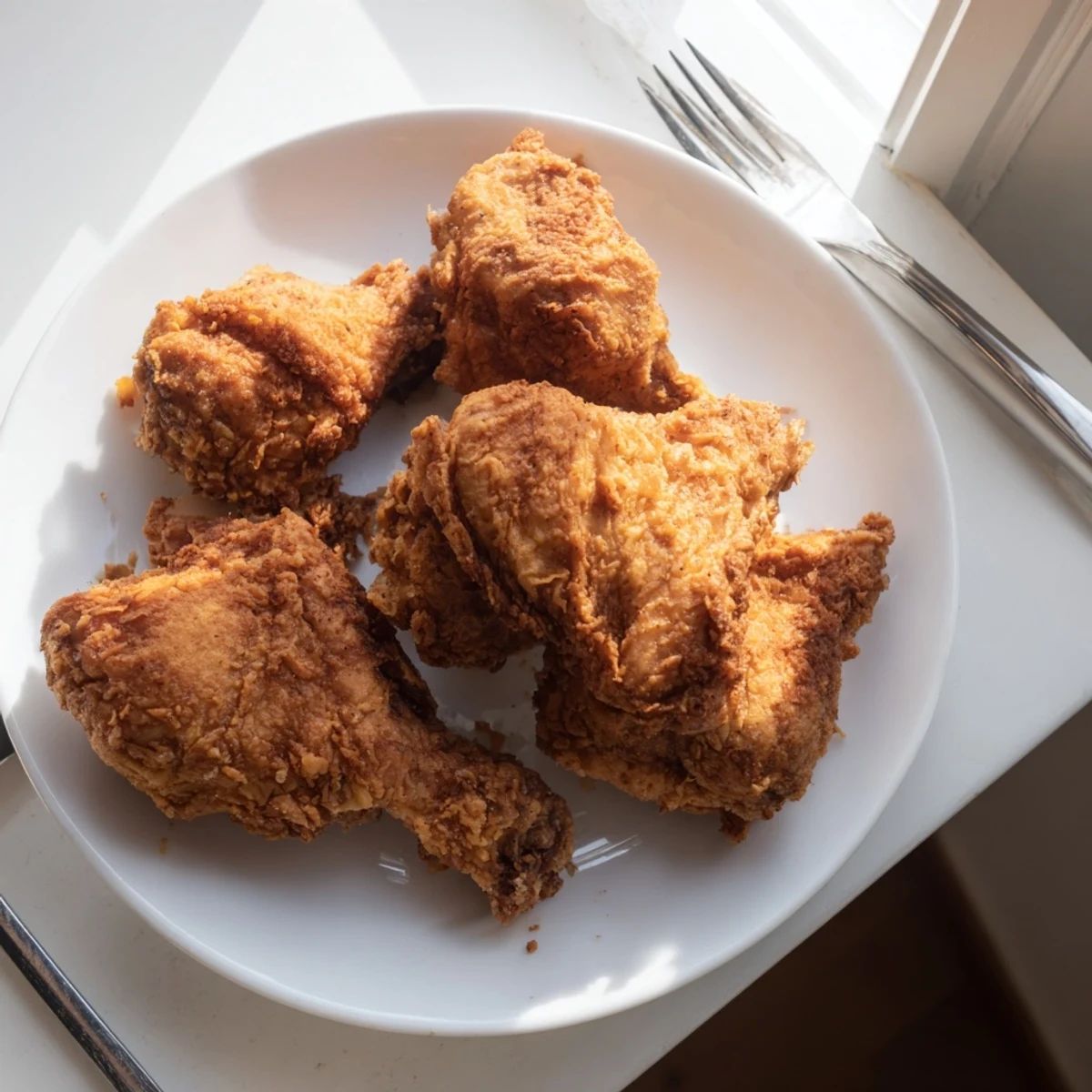 Juicy buttermilk fried chicken with crunchy seasoned coating served on a rustic wooden platter