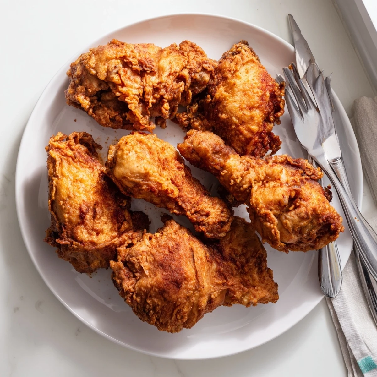Homemade Southern fried chicken displaying golden crispy crust and tender meat inside