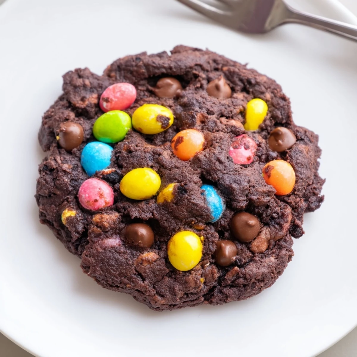 Freshly baked chocolate Easter cookies topped with colorful mini eggs on a parchment-lined baking sheet