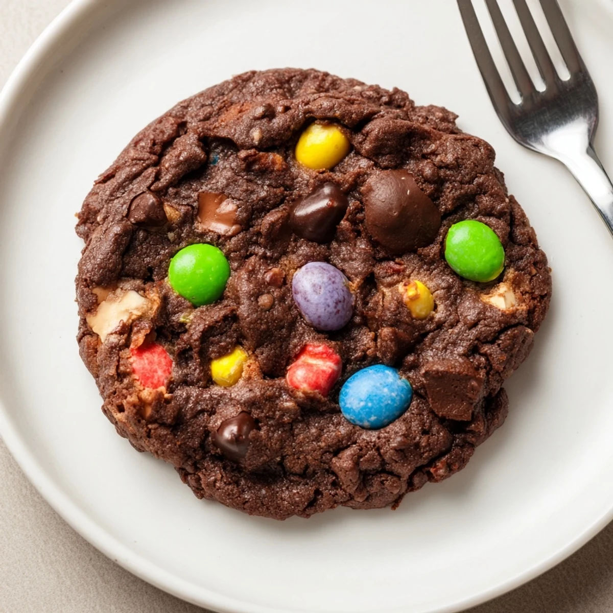 Soft Easter chocolate cookies dotted with melty chips and pastel candy eggs on a wire rack