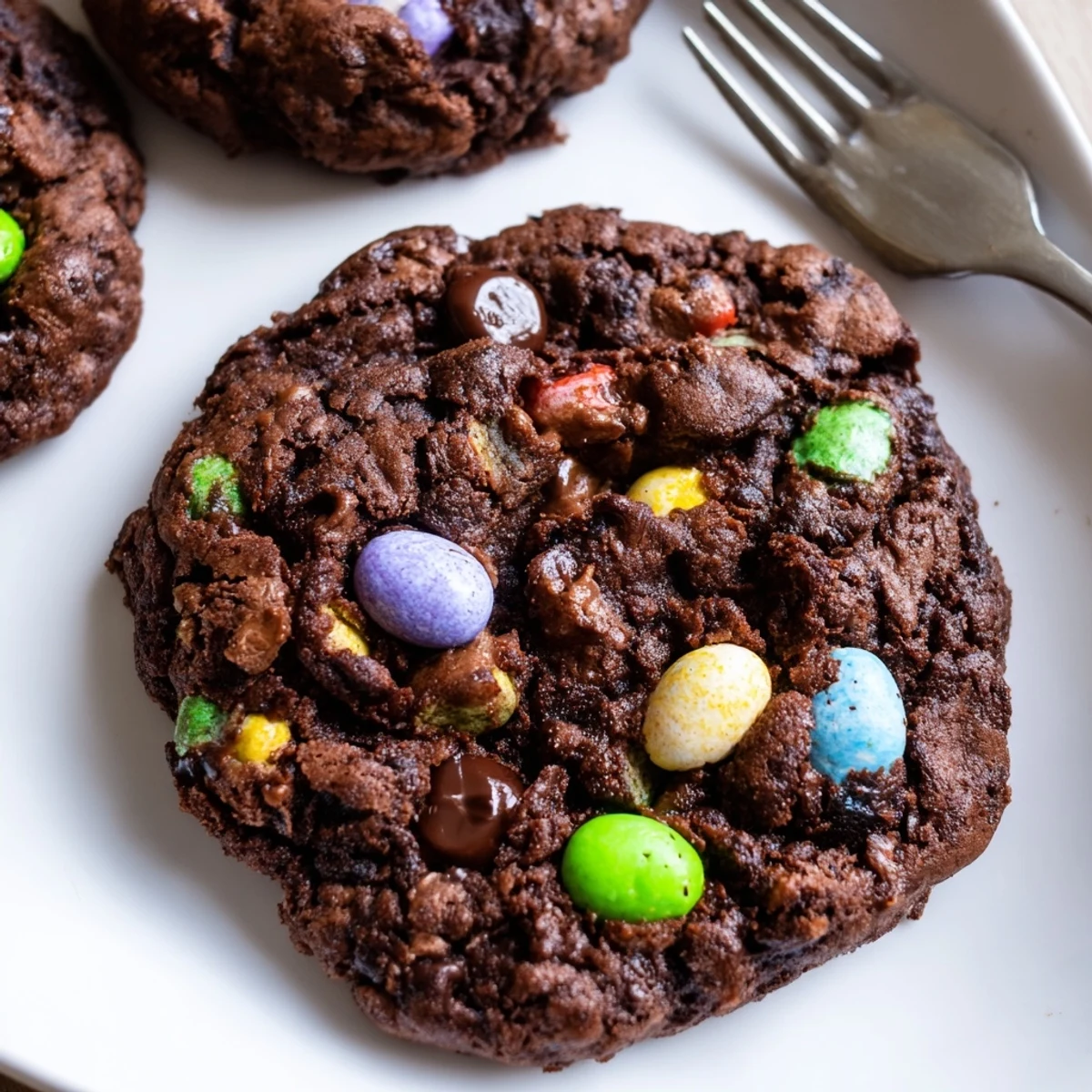 Rich chocolate chip Easter cookies featuring crushed candy pieces and whole egg decorations