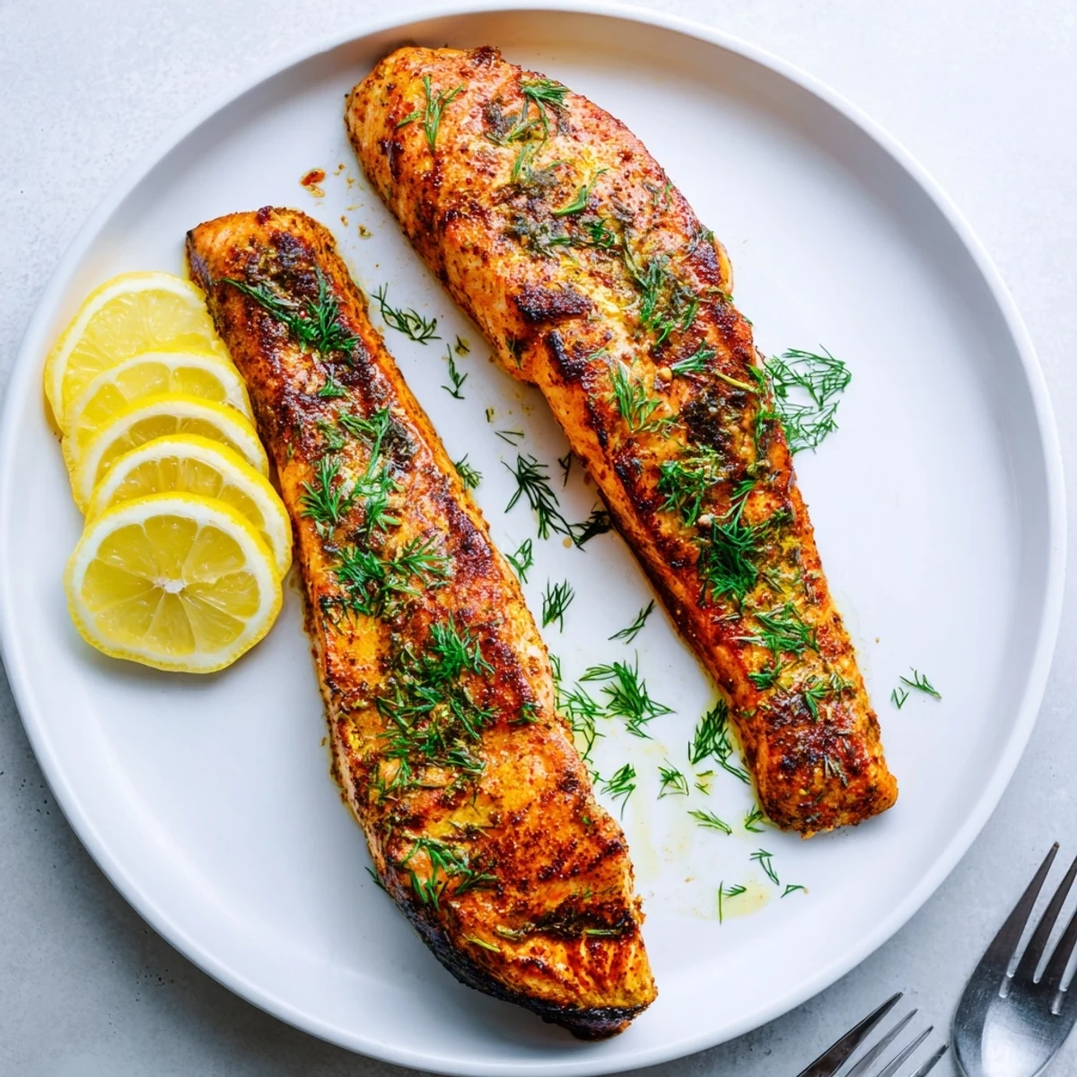 Golden air fryer salmon fillets with crispy seasoned edges and tender flaky flesh
