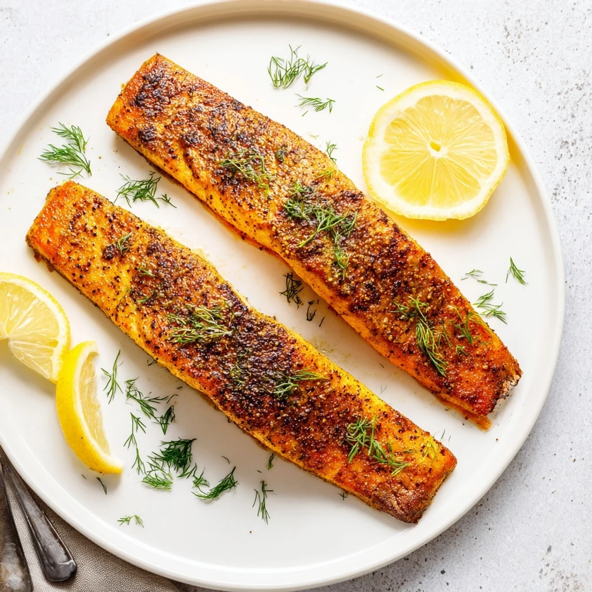Perfectly cooked air fryer salmon garnished with fresh herbs and lemon wedges on plate