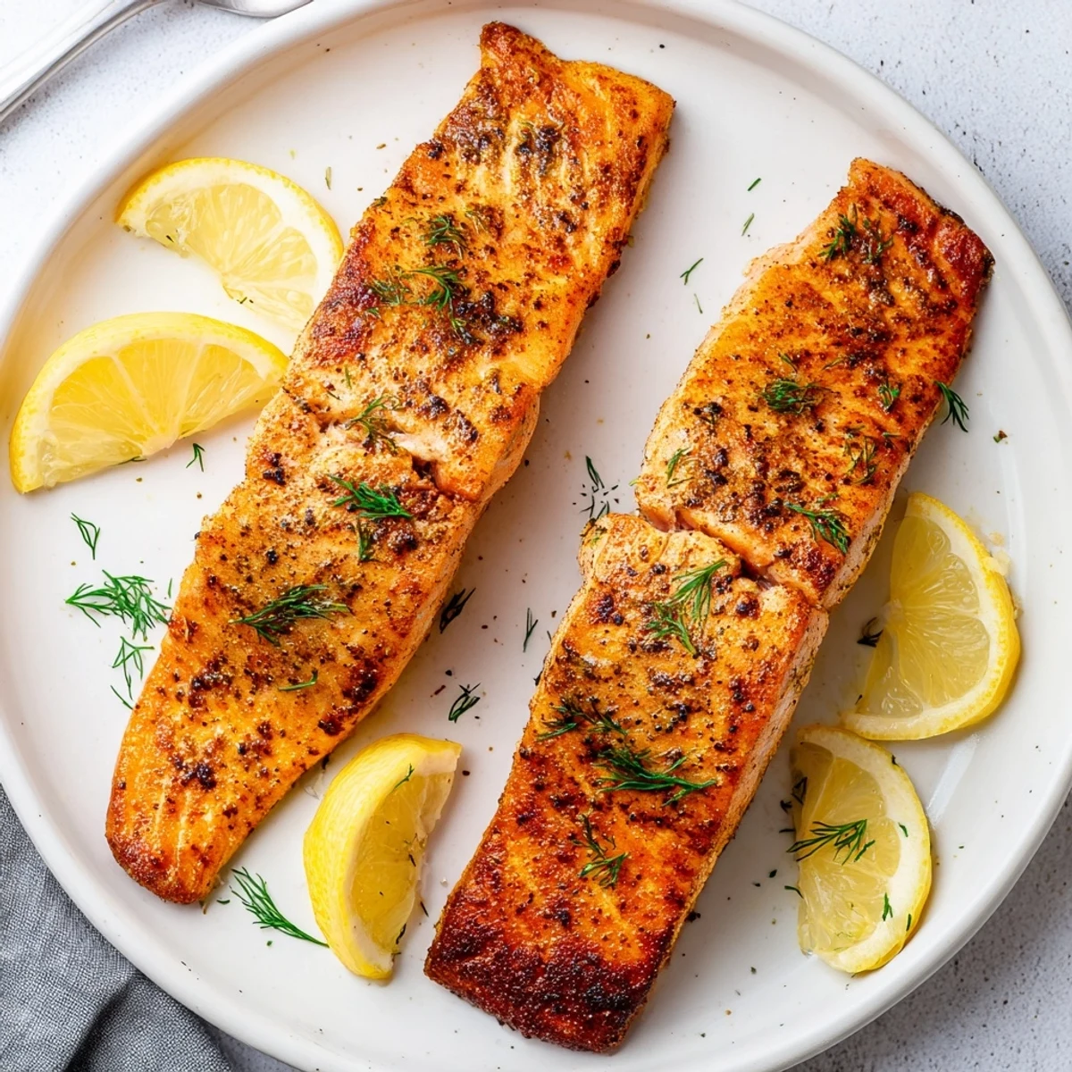 Moist air fryer salmon with smoky paprika crust served alongside bright citrus slices