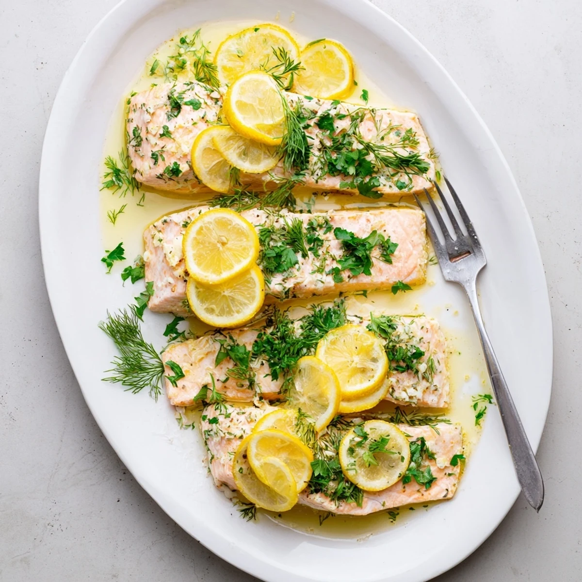 Golden baked salmon fillets fresh from the browned lemon slices garnished with a sprig of parsley