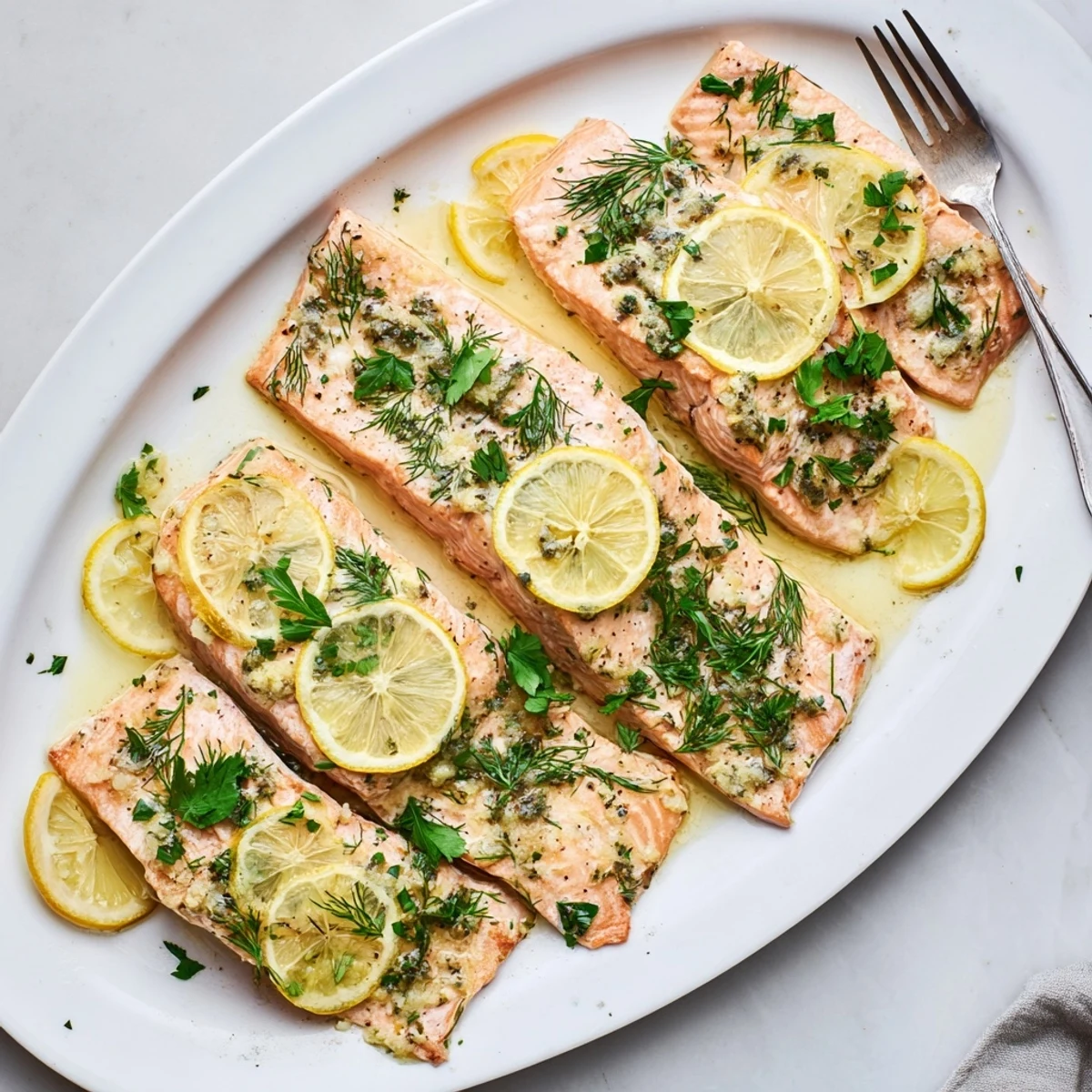 Golden baked salmon fillets with caramelized lemon slices and fresh parsley garnish, ready to serve with dill seasoning