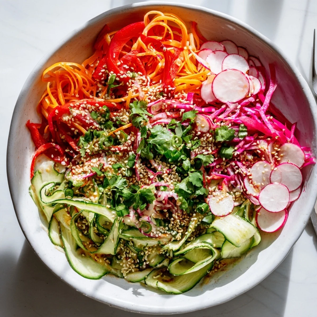 Fresh cucumber salad bowl with crisp vegetables and creamy sesame dressing sprinkled with sesame seeds