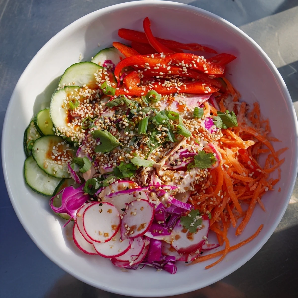 Colorful creamy Asian cucumber salad bowl featuring red cabbage peppers and cilantro garnish