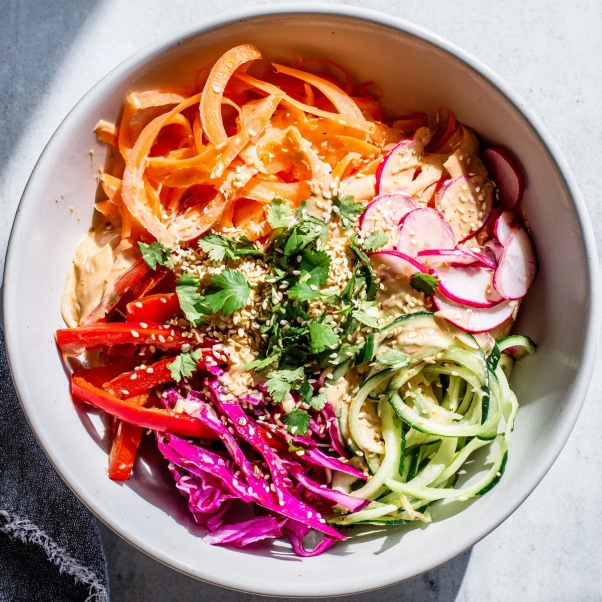 Vegetarian salad bowl with sliced cucumbers coated in tangy white sesame dressing and fresh herbs