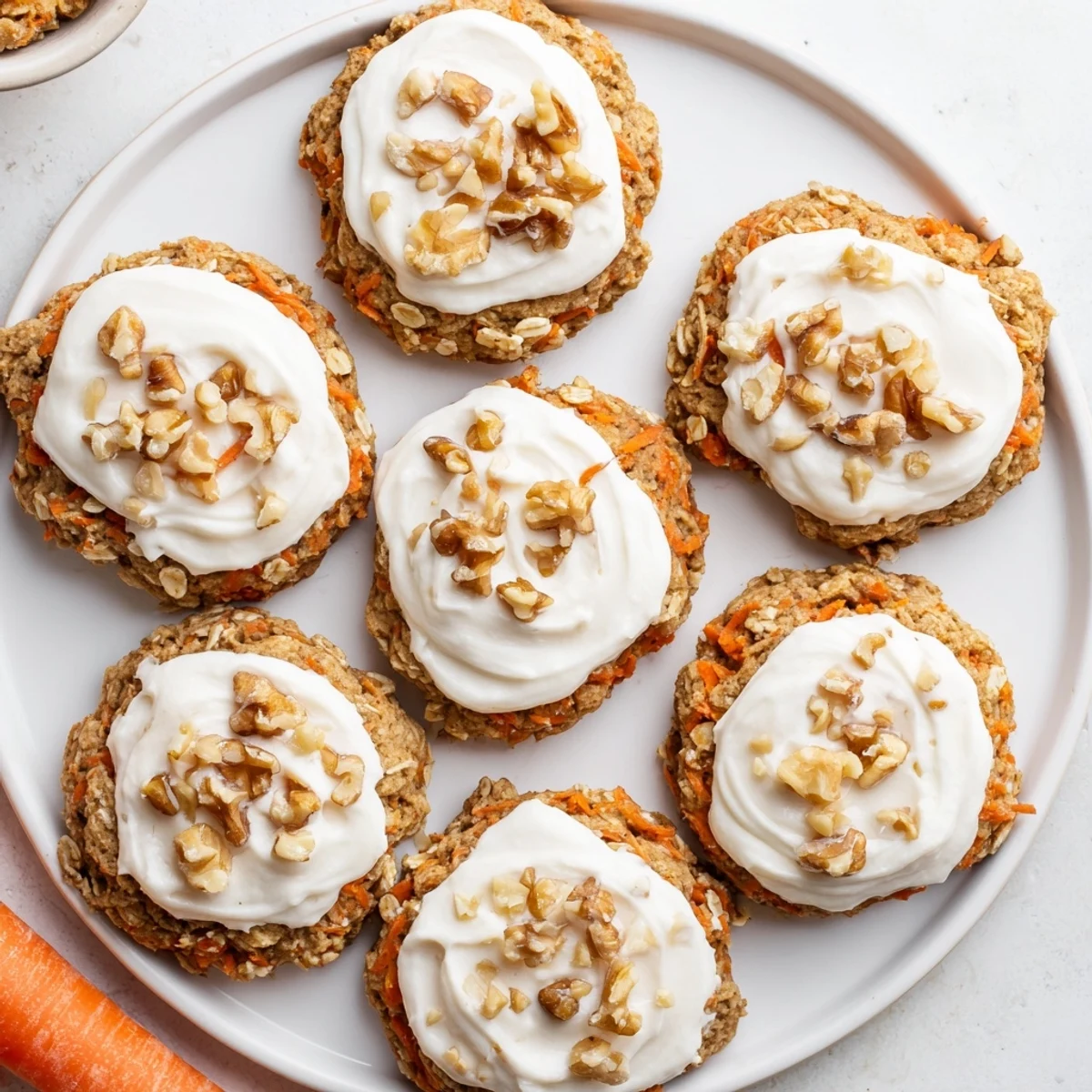 Soft homemade carrot cake cookies topped with creamy white cream cheese frosting swirl