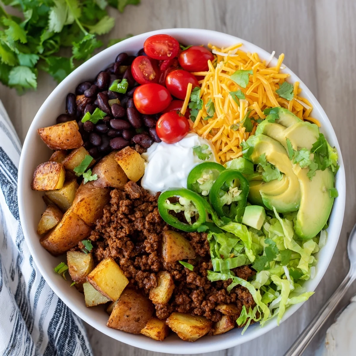 Golden crispy roasted potatoes topped with seasoned taco beef and colorful fresh toppings in a loaded potato taco bowl