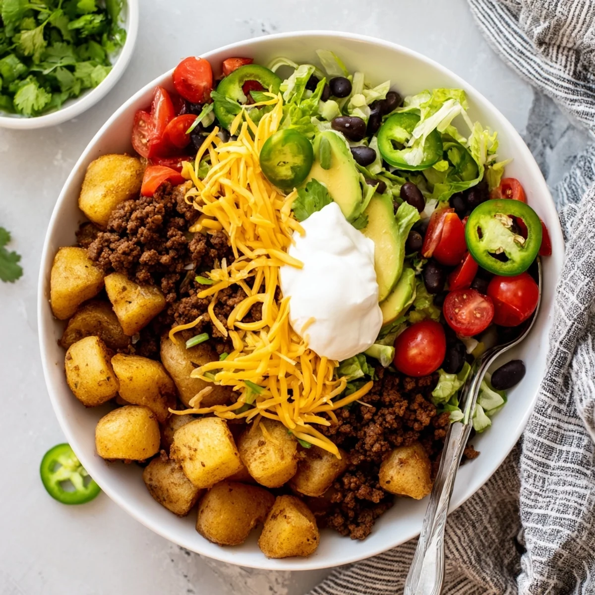 Hearty Tex-Mex loaded potato taco bowl featuring tender potatoes, savory ground beef, melted cheddar, creamy guacamole, and vibrant garnishes